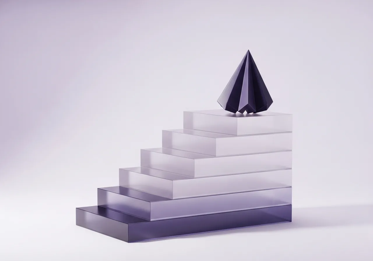 Translucent layered steps ascending toward a dark faceted form.