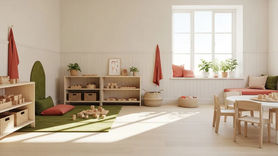 A bright, empty activity room with low oak shelving, woven baskets, a moss-green rug and a reading nook by a tall window