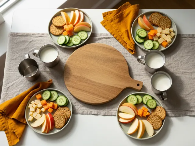 A snack table set with small plates of sliced apple, cucumber, cheese and crackers with cups of milk on a linen runner.