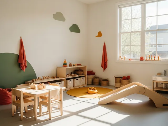An empty toddler room with a low oak table and four small chairs, open shelving of wooden toys and a marigold felt rug.