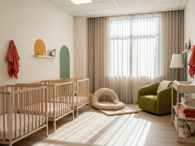 An empty infant room with three pale oak cribs, a padded floor mat area and a low green armchair by a curtained window
