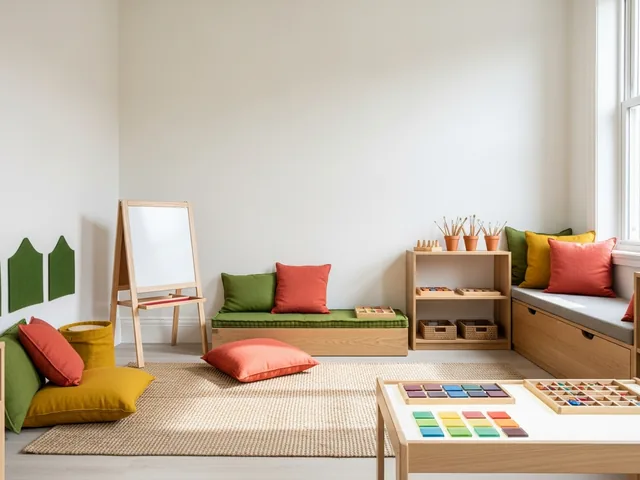 An empty preschool room with a wooden easel, a light table with translucent tiles and a book nook with coral cushions.