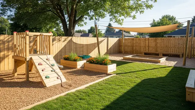 An empty enclosed play yard with a cedar climbing structure, a shaded sand pit, raised herb beds and a mature maple tree.