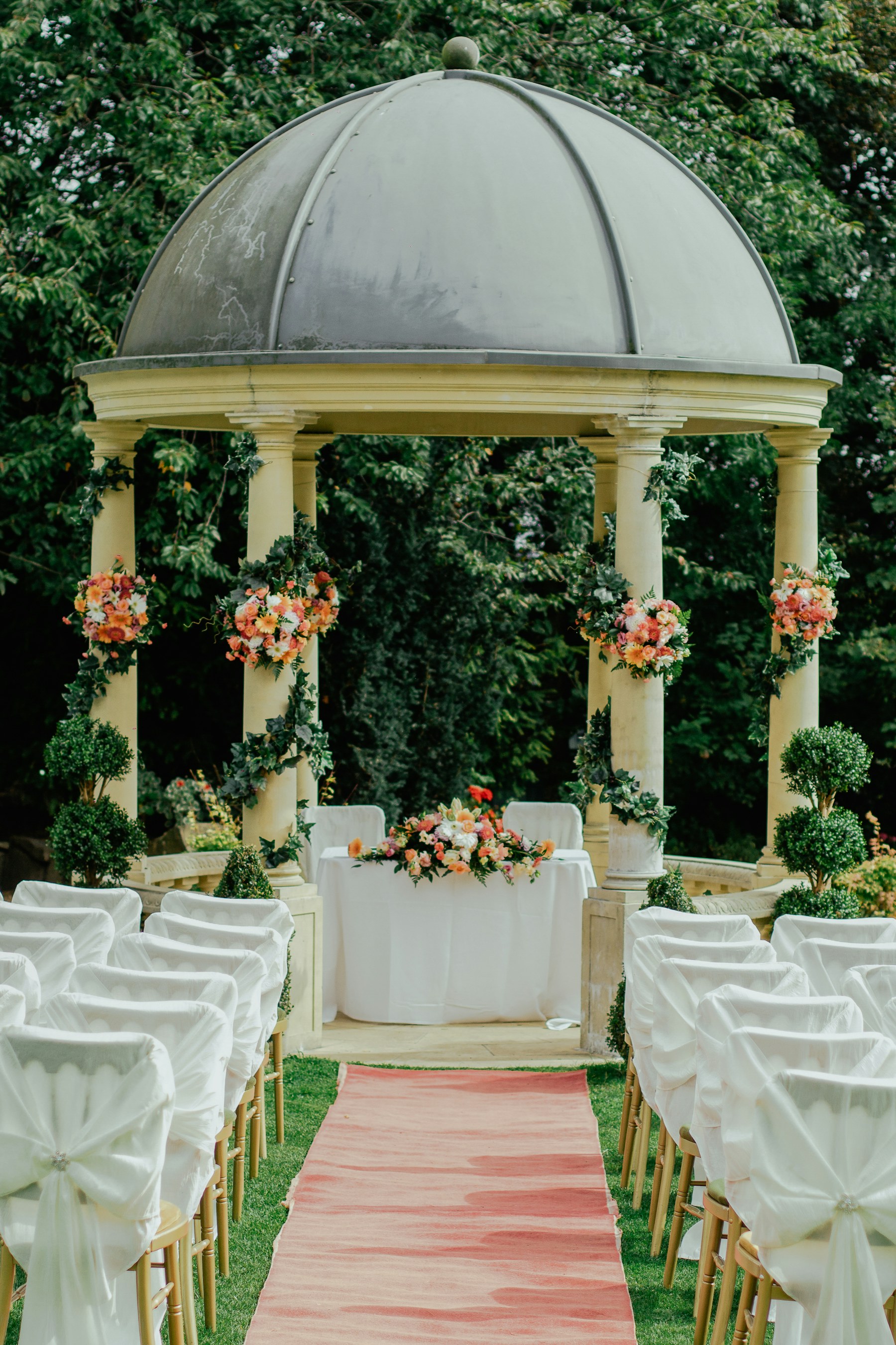 Garden ceremony venue prepared for a wedding