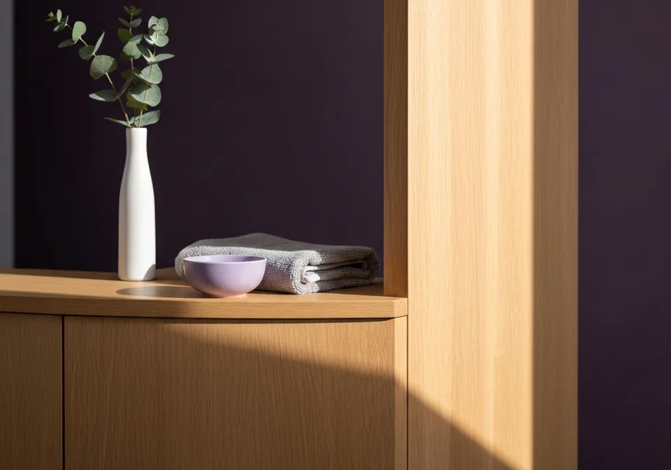Morning light across a pale oak counter with a lilac ceramic bowl, folded grey towel and eucalyptus in a white vase