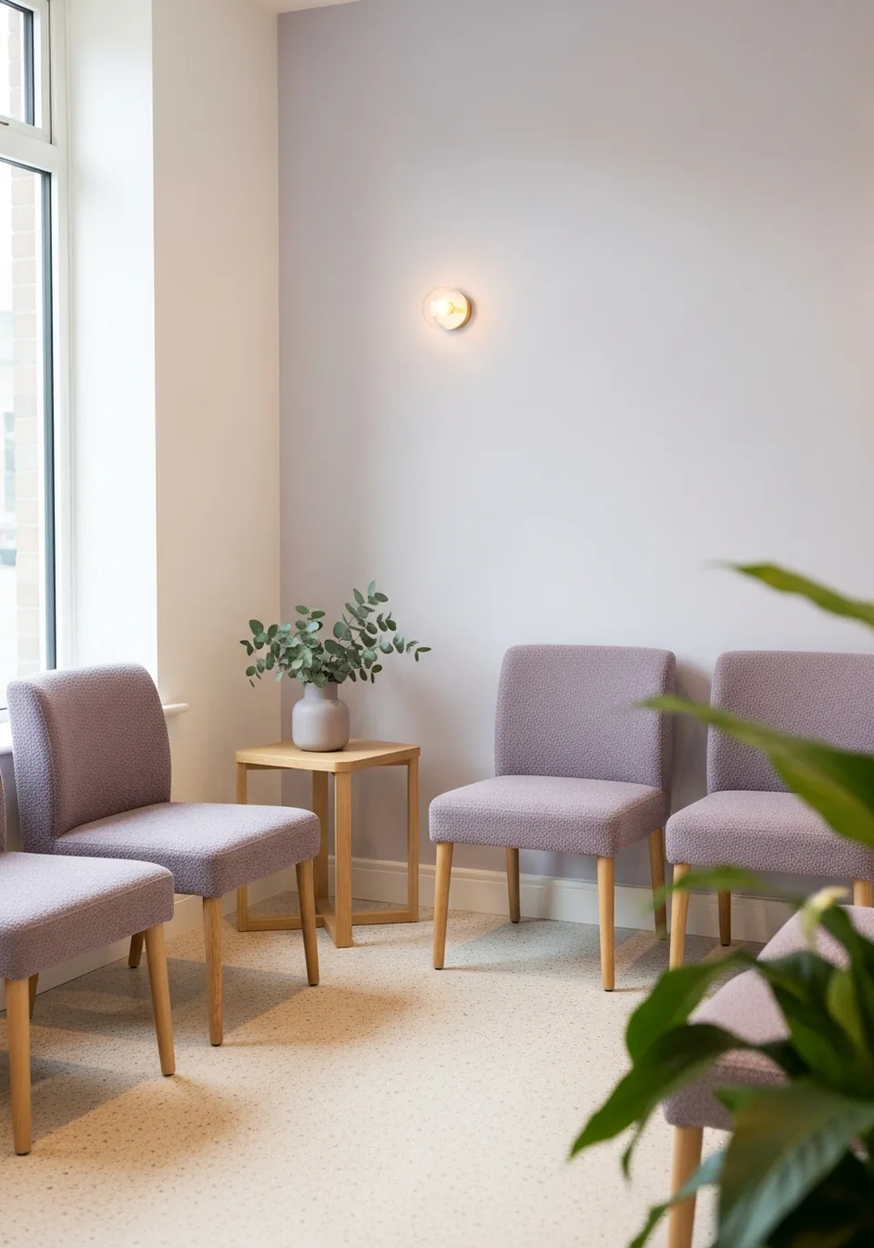 A quiet dental waiting area with heather-violet upholstered chairs, a pale oak side table and eucalyptus in a ceramic vase