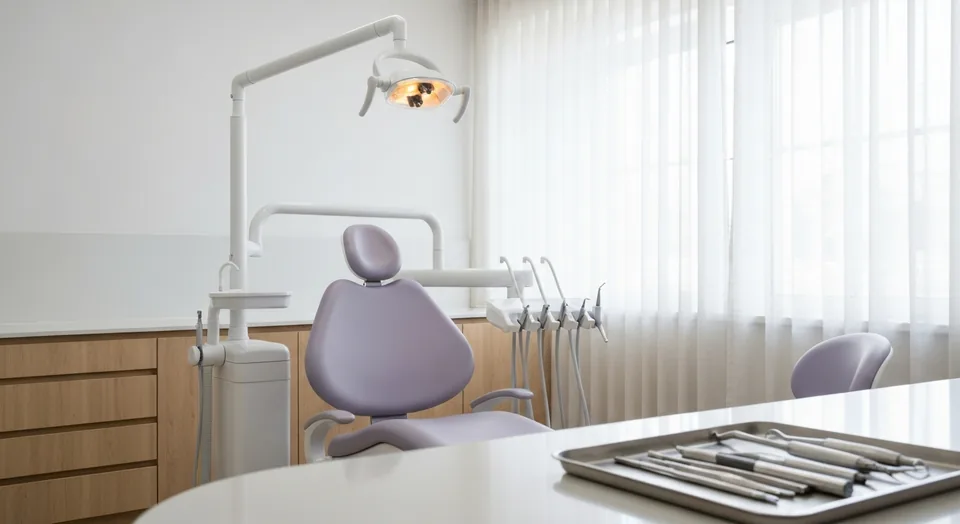 An empty dental operatory with a pale lilac chair, brushed white overhead light and a pale oak cabinet run