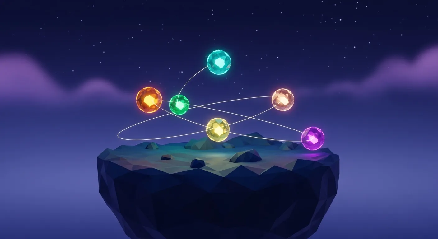 Abstract ELEMENTRIX key art: five glowing elemental orbs orbiting above a floating faceted island.
