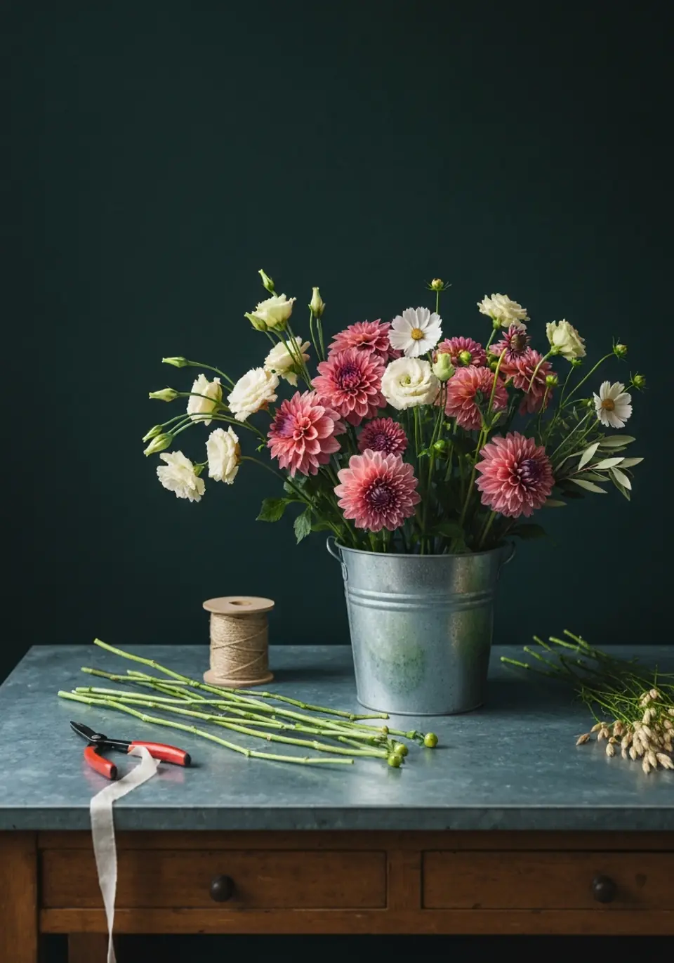 A half-built bouquet of pink dahlias and cream lisianthus in a galvanised bucket on a zinc-topped bench, with snips and twine beside it