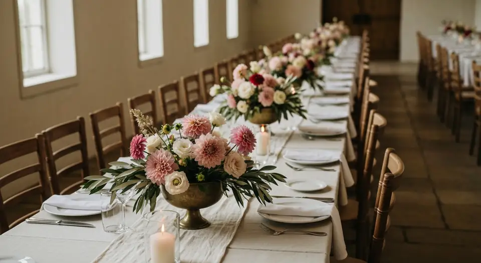 A long banquet table in a stone hall dressed with a line of low blush and cream floral centrepieces in brass bowls