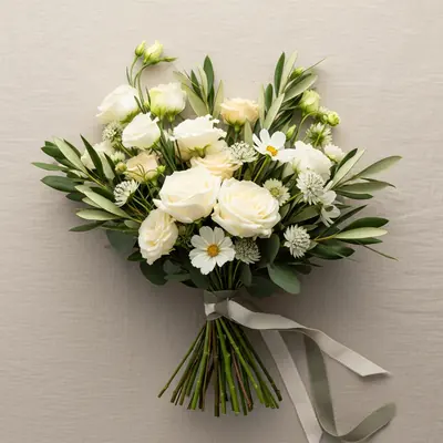 An ivory and green hand-tied bouquet of white roses, cream lisianthus and olive foliage laid flat on ivory linen
