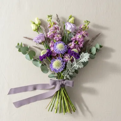 A lilac and mauve hand-tied bouquet of lavender lisianthus, purple scabiosa and silvery eucalyptus laid flat on ivory linen