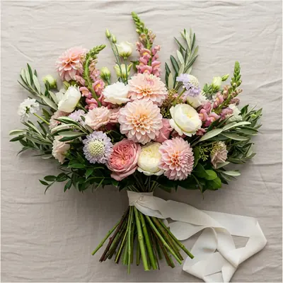 A very large abundant hand-tied bouquet mixing blush, carmine and cream flowers with trailing green foliage, laid flat on ivory linen