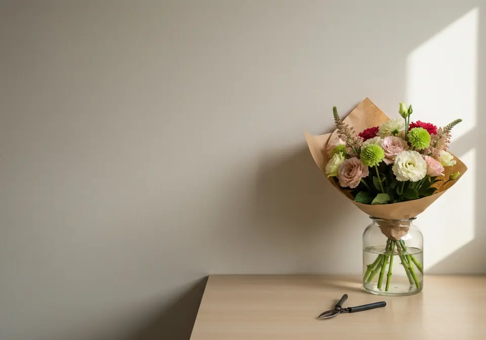 A kraft-wrapped bunch of blush and cream flowers resting beside a glass vase on a sunlit kitchen counter