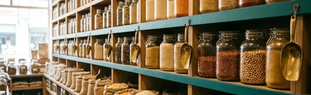 Wooden shelving of unlabelled glass jars and open sacks of rice, lentils and dried beans with brass scoops