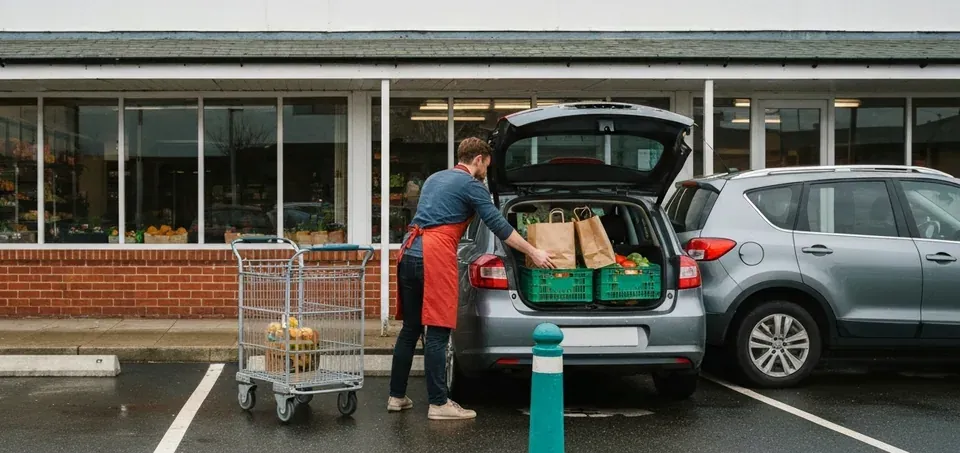 A grocery worker in a red apron loading paper bags and a green crate into the open boot of a car in a curbside pickup bay