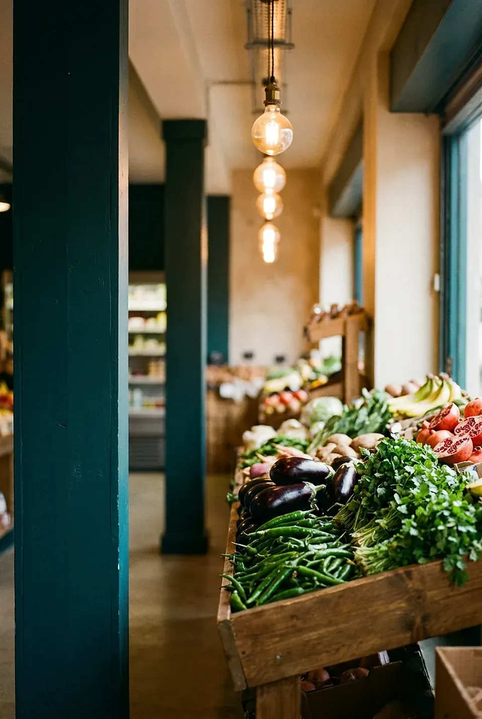 Crates of aubergines, green chillies, coriander and pomegranates on a wooden display table lit by hanging bulbs