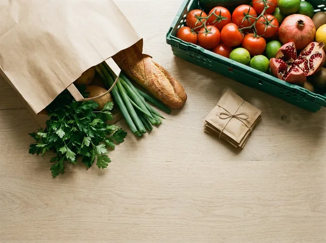 Kraft paper grocery bags and a green crate of tomatoes, limes and pomegranates on a pale oak table