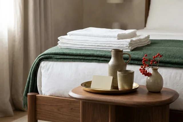 A bedside with white linen, a folded green wool blanket and a brass tray holding a plain keycard and a stoneware carafe