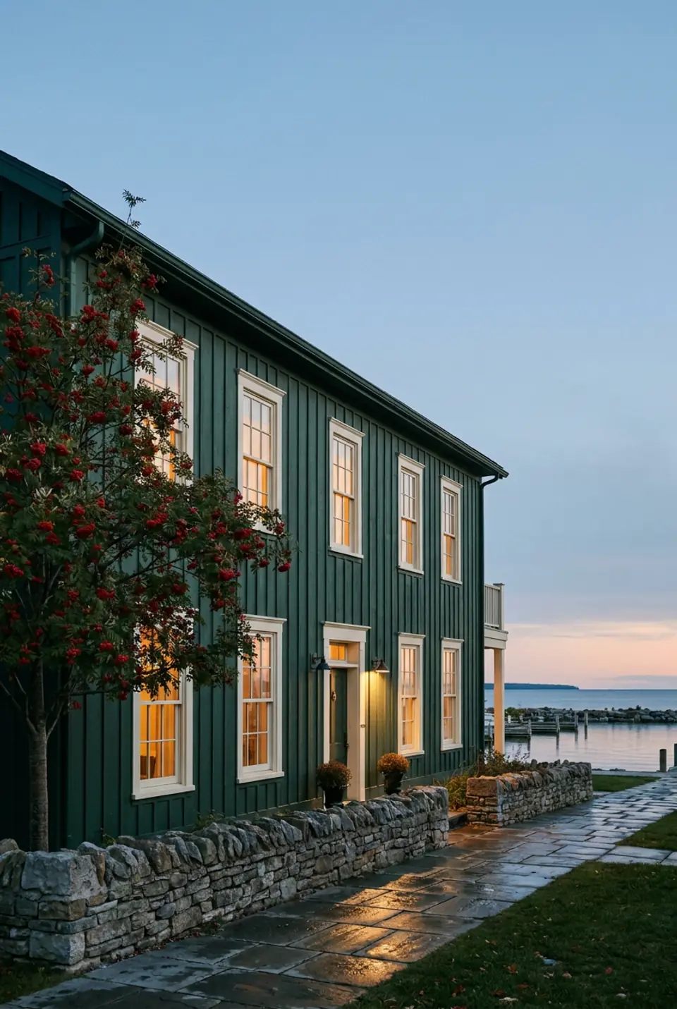 A deep green board-and-batten inn at dusk, lamps lit in every window and a rowan tree heavy with red berries beside a low stone wall