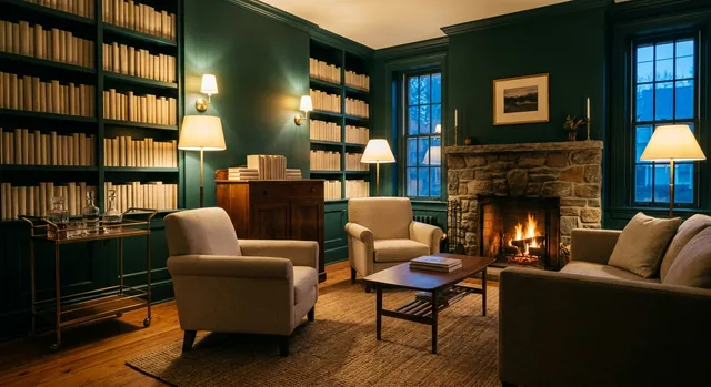 A dark green panelled parlour with a lit stone fireplace, two linen armchairs, shelves of plain cloth-bound books and a brass drinks trolley