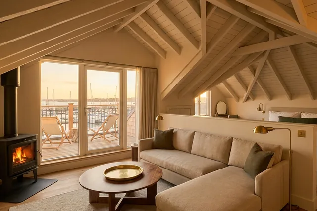 A top-floor loft suite under painted rafters with a linen sofa, a black wood stove and glass doors onto a small timber terrace over a marina at dusk
