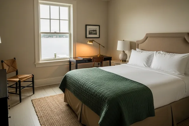 A second-floor queen room with a green quilt, a walnut writing desk with a brass lamp, and grey harbour water through a tall sash window
