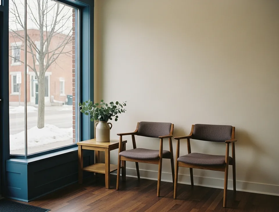 A small waiting area with two wooden armchairs, a jug of eucalyptus on a side table and a tall storefront window looking onto a snowy main street