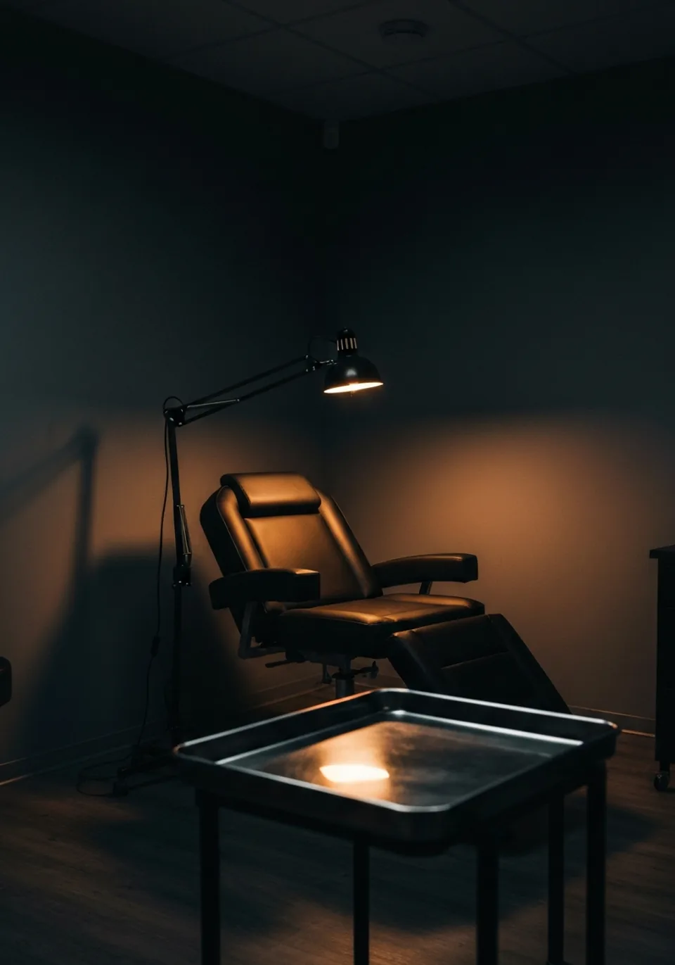 A tattoo studio room at night: an empty black leather client chair under a single warm task lamp, a stainless steel tray in front