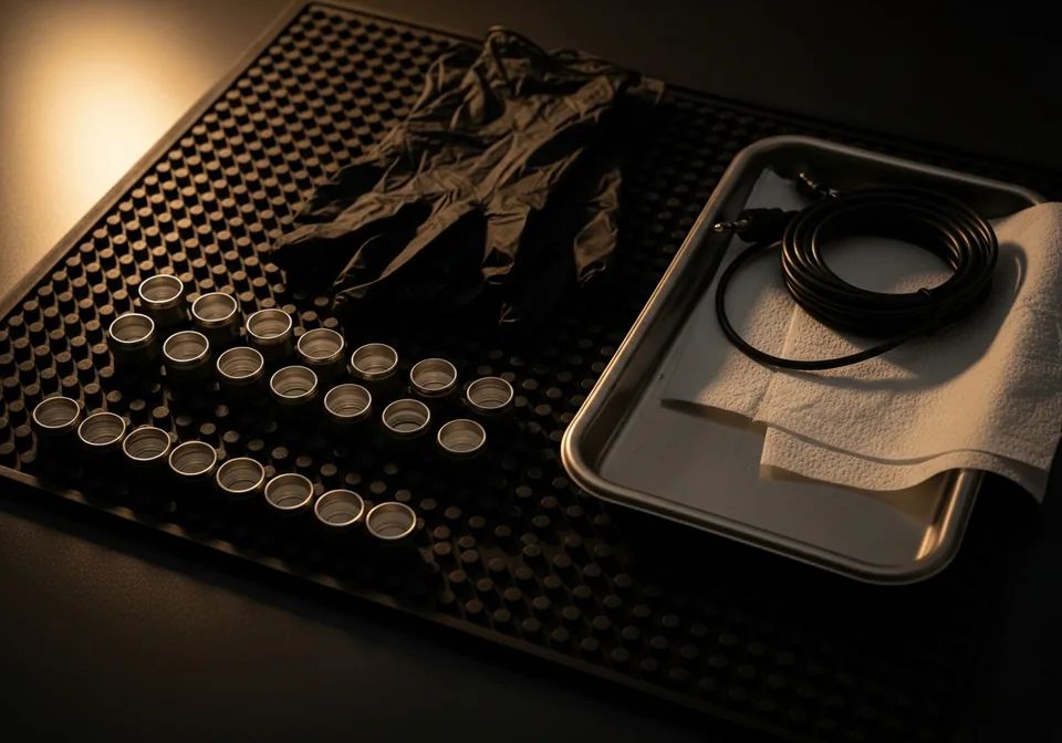 An overhead view of a clean workstation: empty stainless caps laid out in rows, folded black gloves and a sterile tray