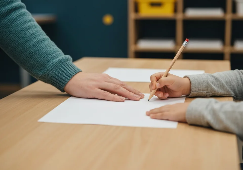 An instructor's hand rests on the edge of a blank sheet of paper beside a child's hand holding a pencil at a pale wood table