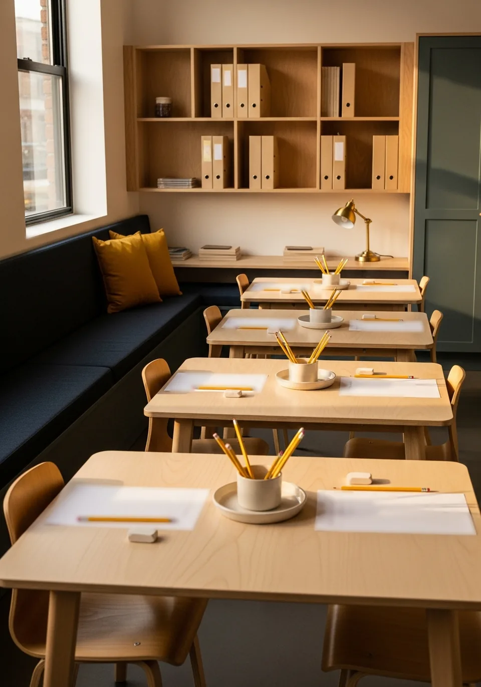 An empty learning centre: two rows of pale wood worktables with pencil trays, a bench seat under a tall window and shelving along the back wall